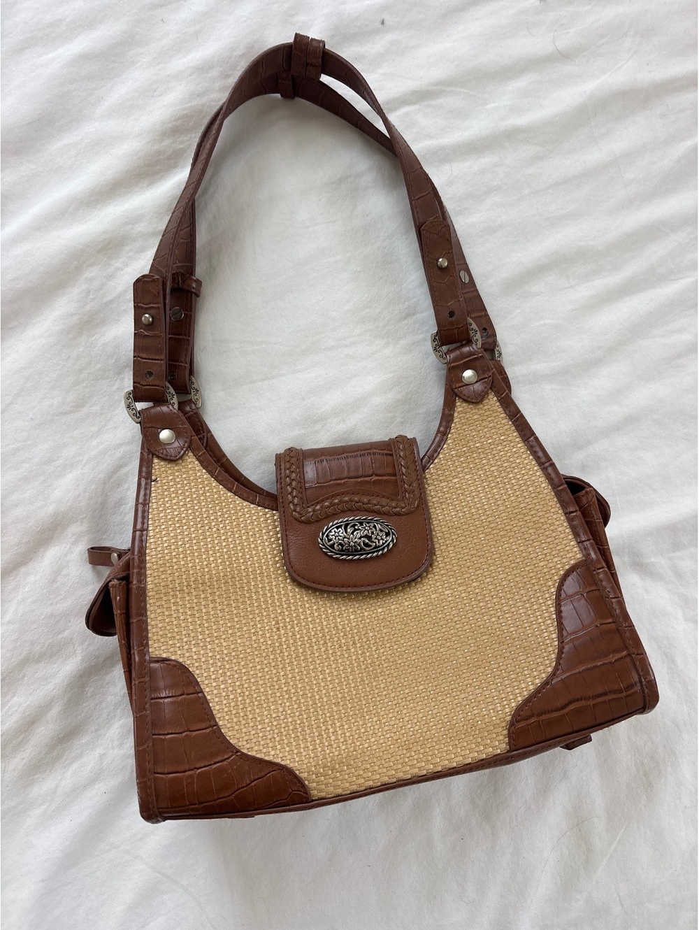 Tan woven and brown faux leather shoulder bag